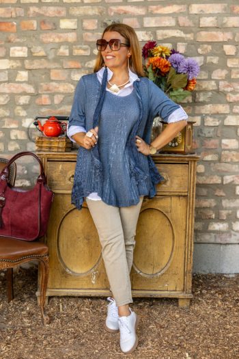 Csipkével kombinált dupla blúz , kendővel - sötétkék 