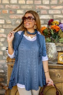 Csipkével kombinált dupla blúz , kendővel - sötétkék 