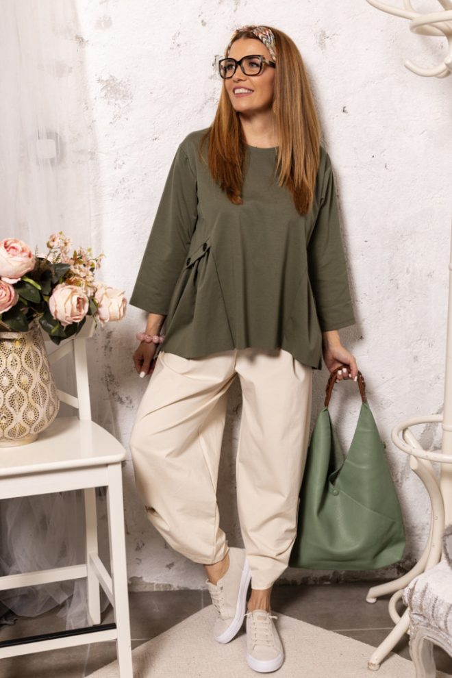 Stílusos , fekete gombos felső - khaki 