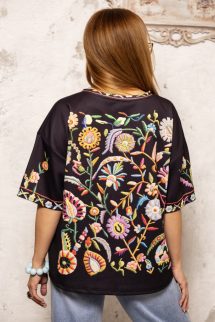  Virágmotívumos , rövid ujjú felső - fekete