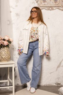 Virágmotívumos , rövid ujjú felső - krém