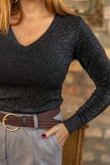 Csillogó, V-nyakú felső - fekete