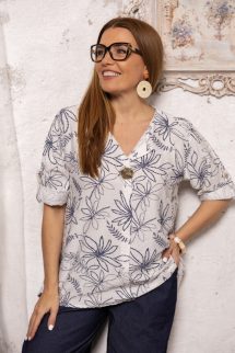 Mintás blúz , dekoratív gombbal - fehér