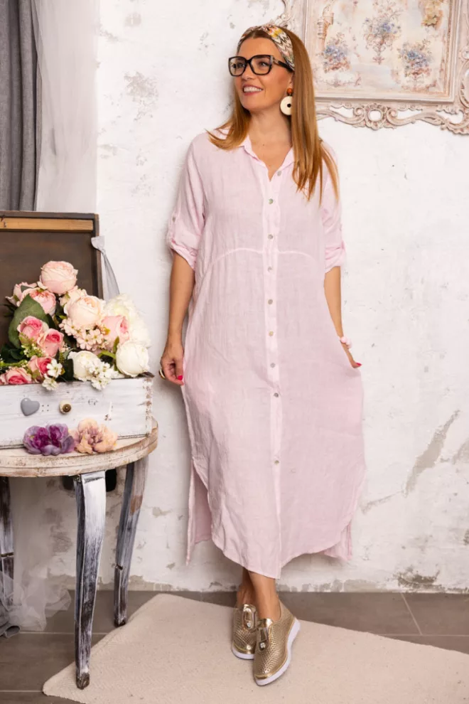 Végig gombos len ingruha - púder 