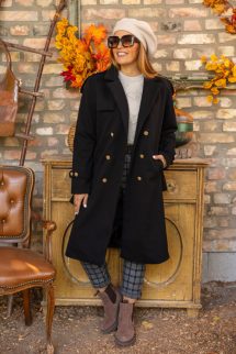 Díszgombos szövet kabát - fekete