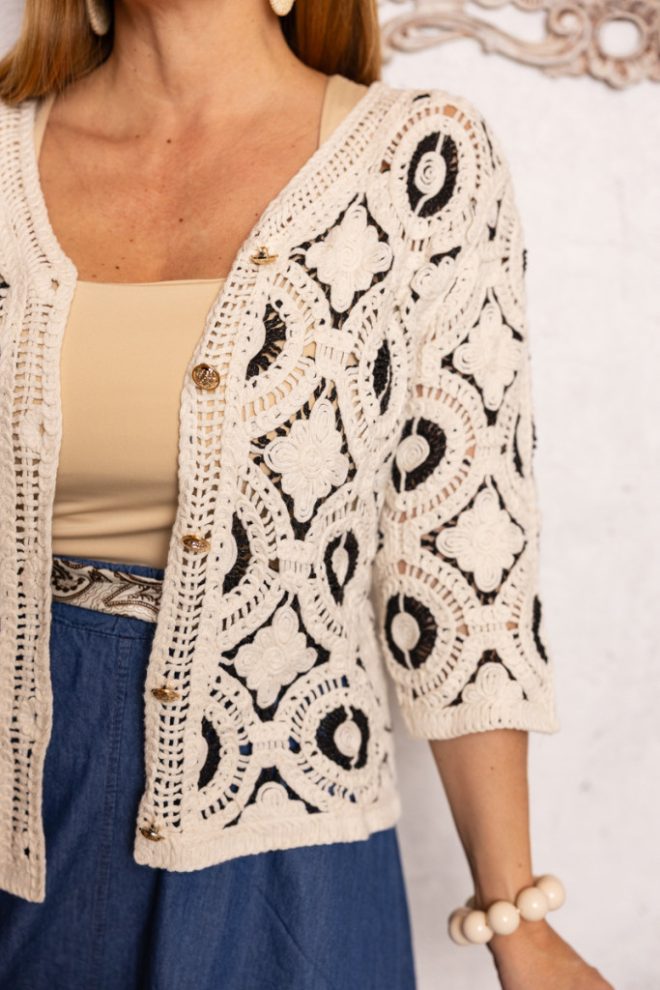 Horgolt kardigán - fekete/bézs