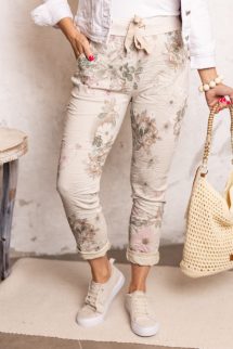 Khaki virágos gyűrt nadrág 