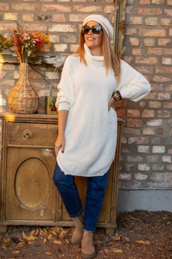 Hosszított , garbós pulóver - fehér 