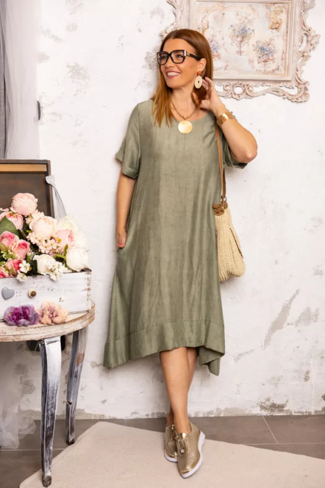 Batikolt hatású , A - vonalú ruha - khaki 