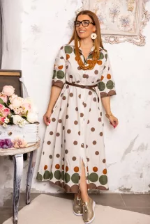 Pöttyös , öves maxi ruha - bézs/khaki/barna