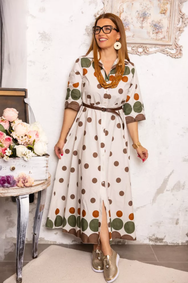 Pöttyös , öves maxi ruha - bézs/khaki/barna