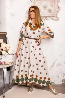 Pöttyös , öves maxi ruha - bézs/khaki/barna