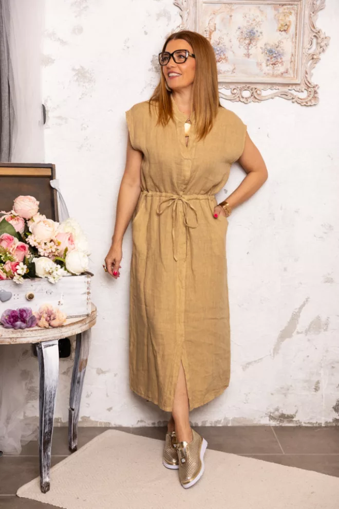 Derékkötős len ruha - barna