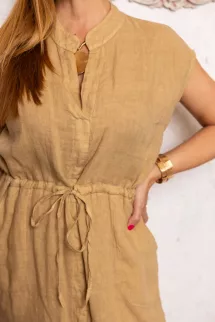 Derékkötős len ruha - barna