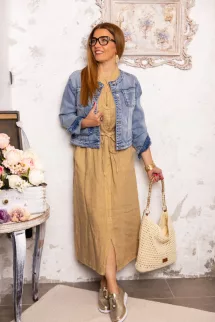 Derékkötős len ruha - barna