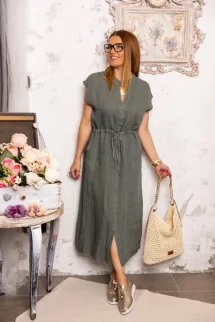 Derékkötős len ruha - khaki 