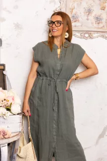 Derékkötős len ruha - khaki 