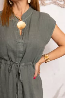 Derékkötős len ruha - khaki 