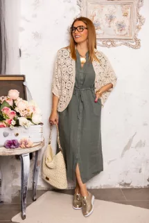Derékkötős len ruha - khaki 