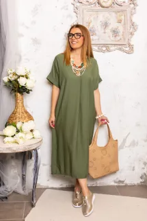 Kaftán jellegű ruha - virág brossal - khaki 