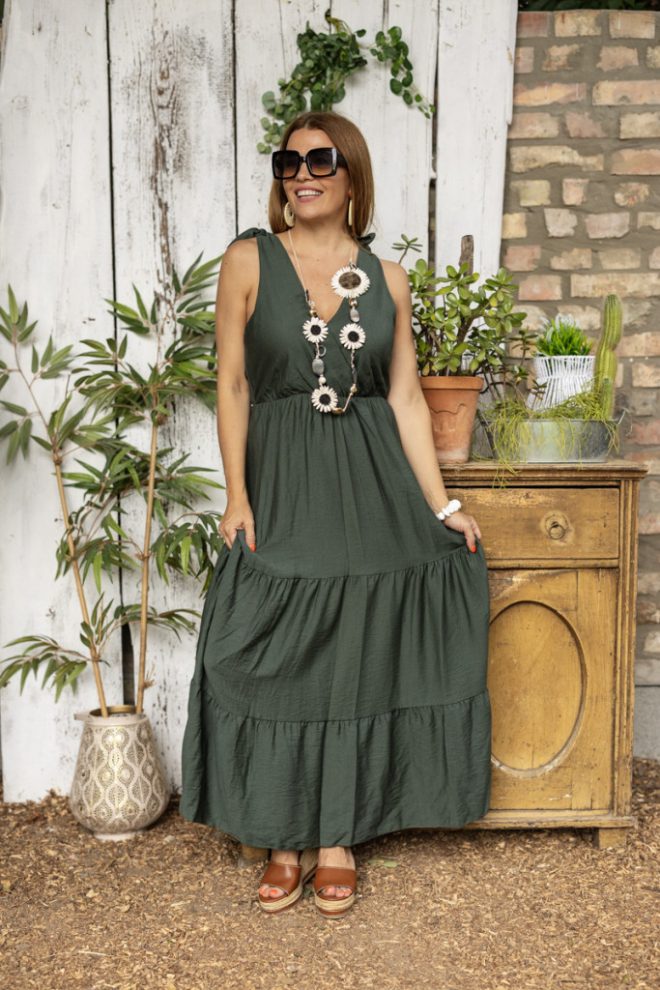 Vállán kötős maxi ruha - khaki