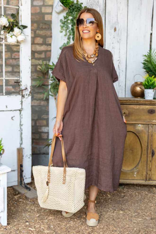 Lepel maxi len ruha - csokibarna