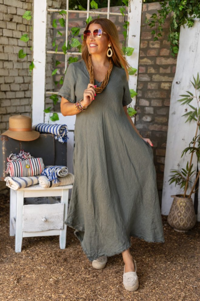 Cakkos aljú maxi len ruha - khaki