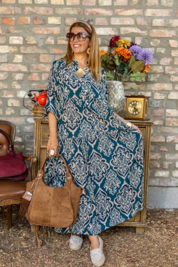 Maxi mesés mintázott ruha - petrol 