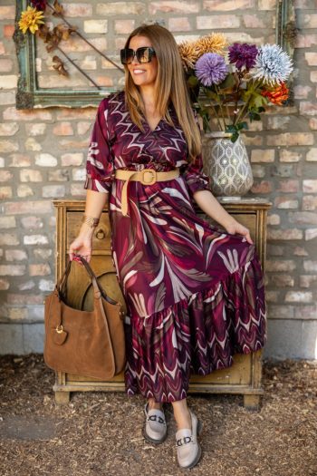 Mintás maxi öves ruha - bordó/barna 