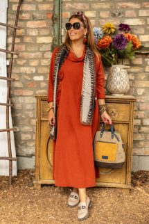 Kámzsa nyakú kord ruha - tégla 