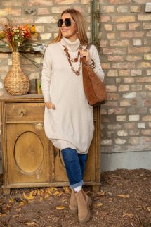 Kötött garbós ruha , zsebekkel - bézs 