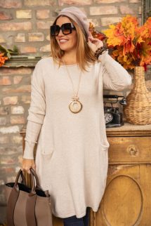 Kötött , zsebes ruha , kerek nyakkal - bézs 