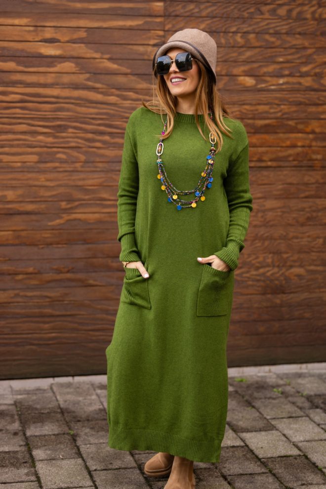 Kötött ruha kétzsebbel - zöld 