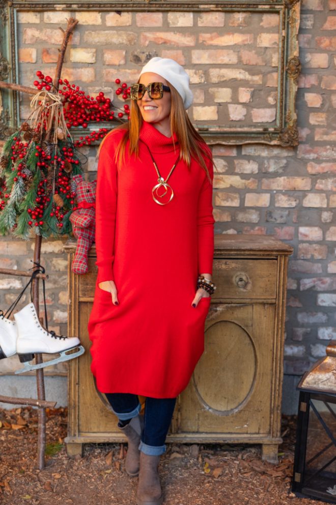 Kötött garbós ruha , zsebekkel - piros 