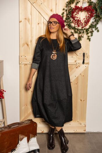 Szövet jellegű hagyma ruha - szürkés - fekete